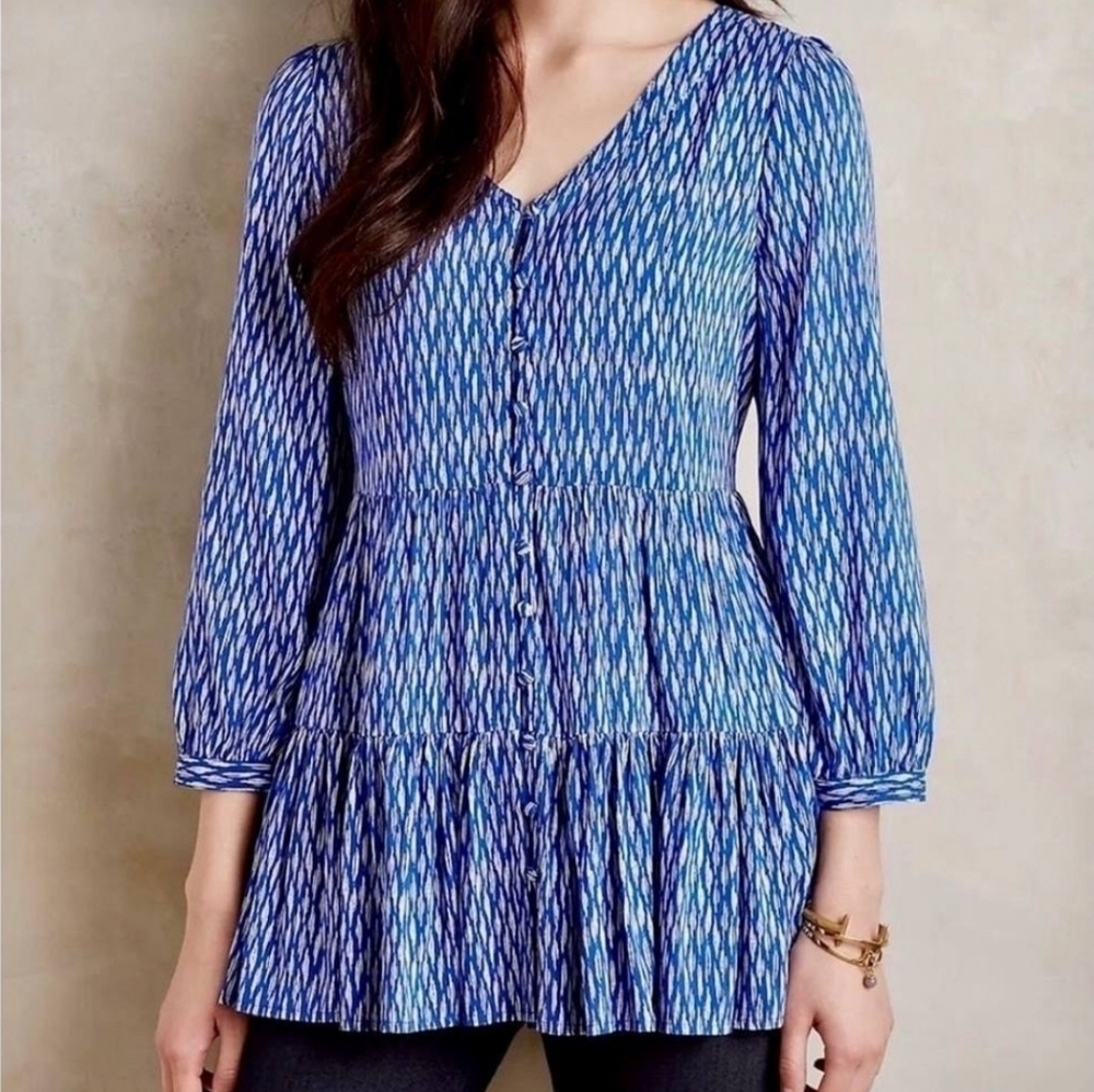 Anthropologie Maeve Lila Tiered Button Up Tunic Babydoll Blouse Size Small